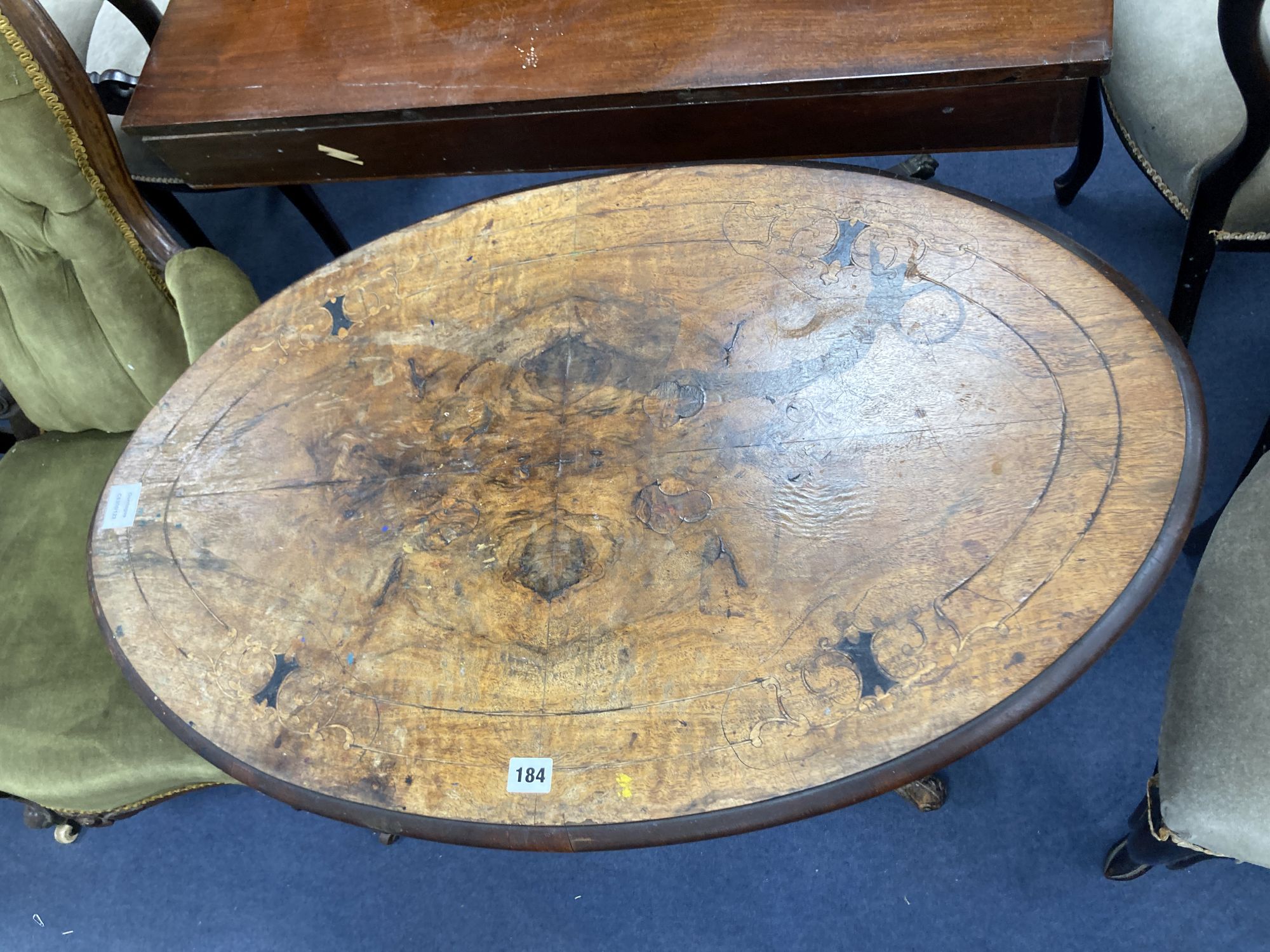 A Victorian oval walnut tilt top centre table, width 88cm depth 55cm height 67cm